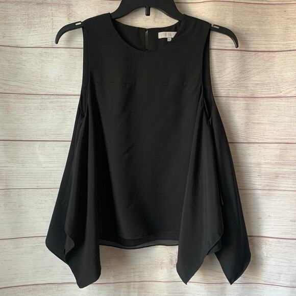 1. State Black Sleeveless Blouse Winged Asymmetrical Handkerchief Tiered Size XS - Picture 1 of 16